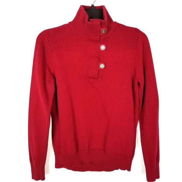 Lauren Ralph Lauren Women High Button Neck Sweater Size M Pullover Ribbed Cotton - Picture 1 of 6